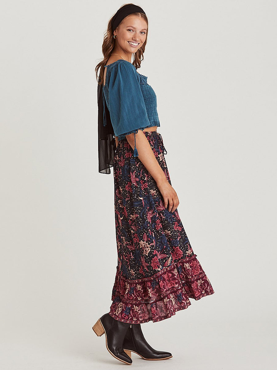 Hippie Birds Floral Print Bohemian Pleated Maxi Skirt-ChicBohoStyle