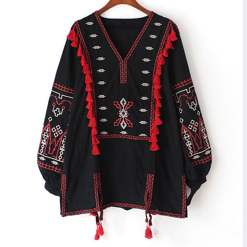 Hippie Ethnic Embroidery Tassel Tunic Black Dress & Blouse-ChicBohoStyle