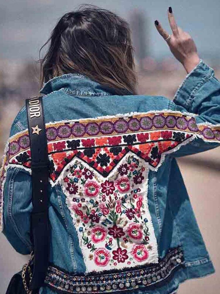Boho Jacket, Denim Jacket for Women, Floral Embroidery Jacket