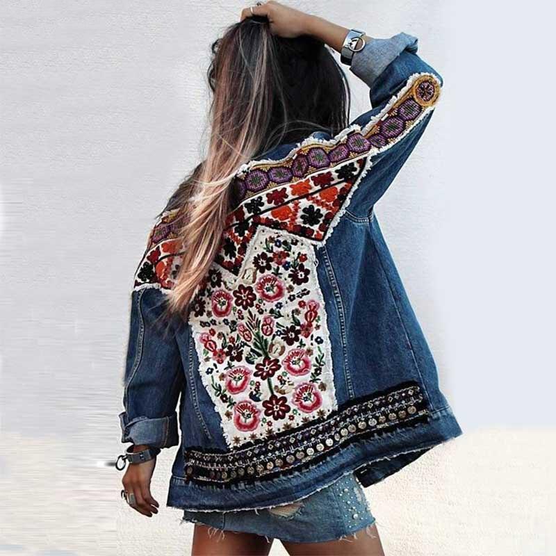 Hippie Denim Jacket with Ethnic Print at the back | Boho Mood