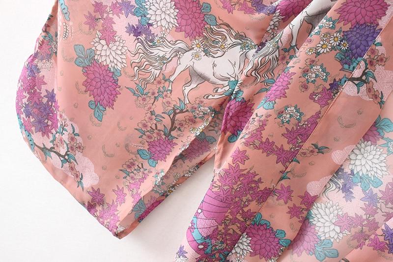 Horse Floral Print Kimono Cover Up with Tied Bow-ChicBohoStyle