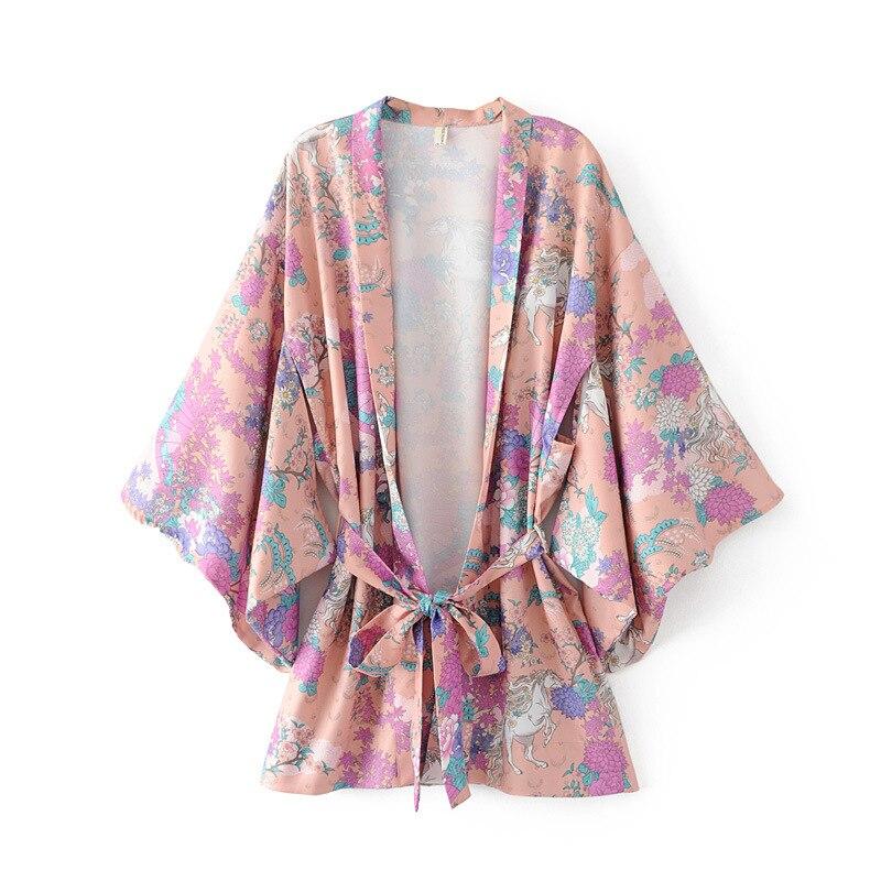 Horse Floral Print Kimono Cover Up with Tied Bow - ChicBohoStyle – Chic ...