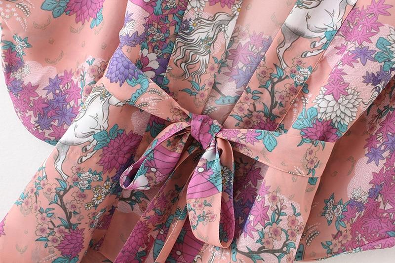 Horse Floral Print Kimono Cover Up with Tied Bow-ChicBohoStyle