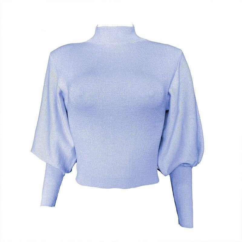 Knitted High Collar Lantern Sleeve Pullover