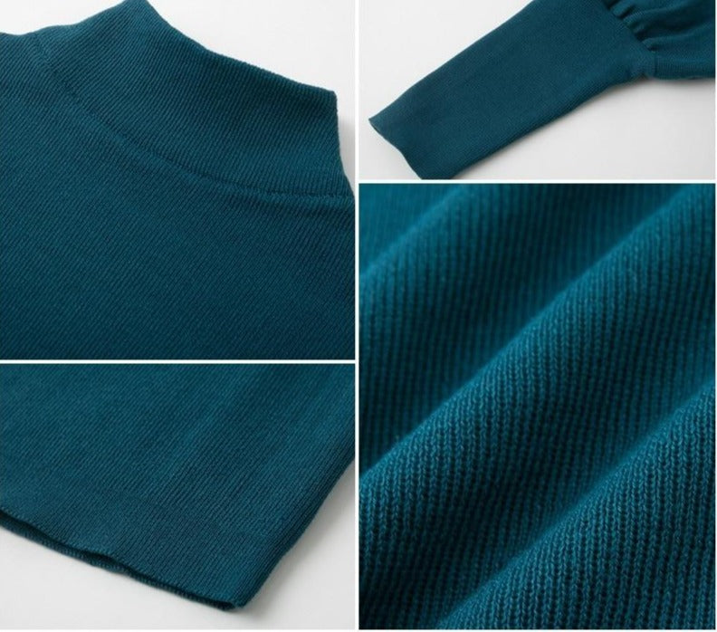 Knitted High Collar Lantern Sleeve Pullover