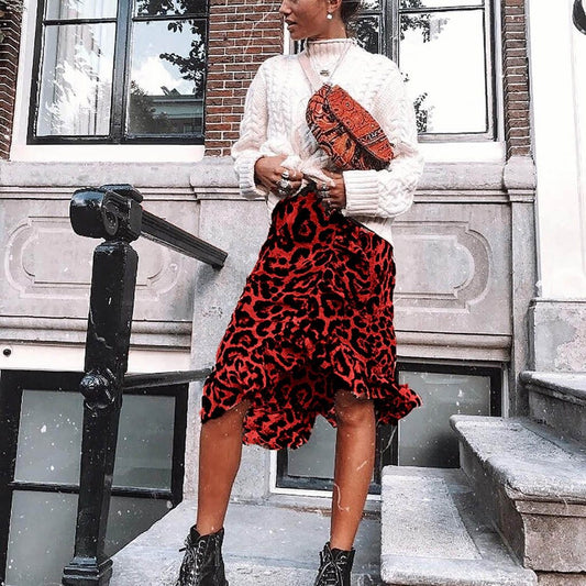 Leopard Printed High Waist Pleated Midi Skirt-ChicBohoStyle
