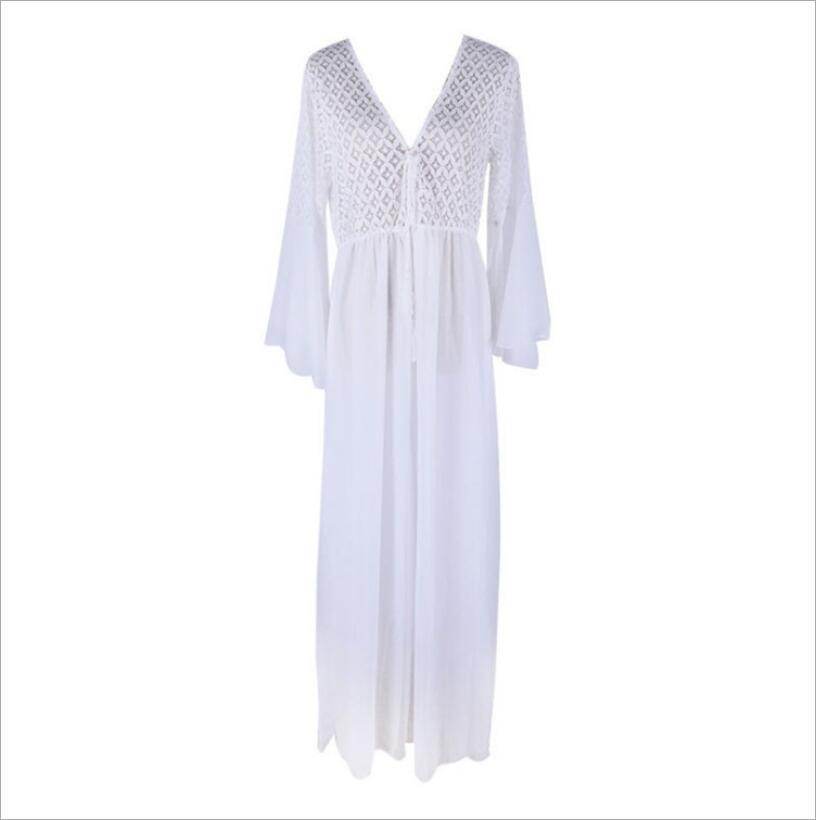 Long Flare Sleeve V-Neck White Hollow Lace Maxi Dress-ChicBohoStyle
