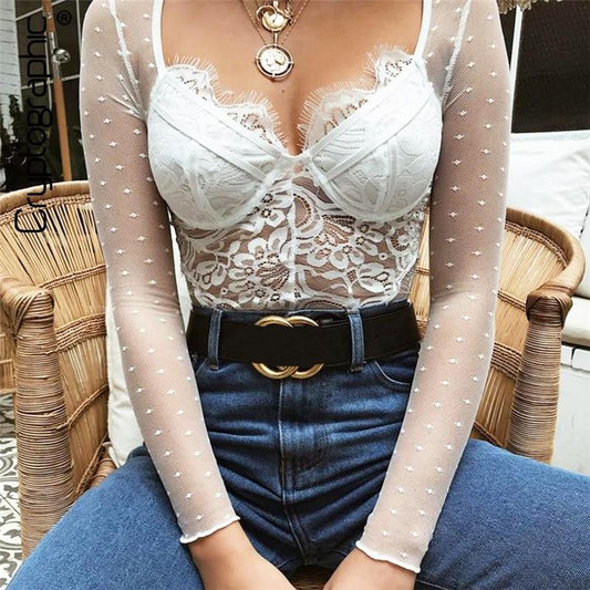 Long Sleeve Mesh Lace Bralette Bodysuit-ChicBohoStyle