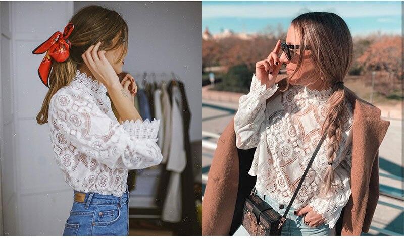 Long Sleeve Petal Collar See Through Lace Top - ChicBohoStyle