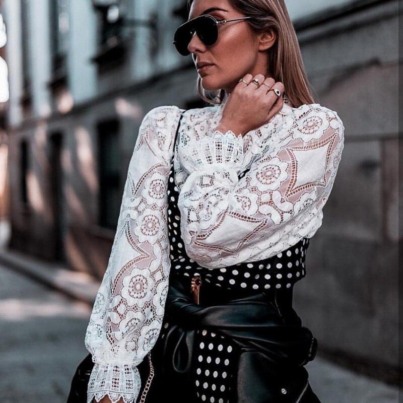 Long Sleeve Petal Collar See Through Lace Top-ChicBohoStyle