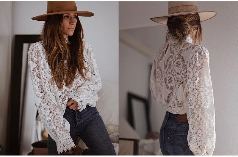 Long Sleeve Petal Collar See Through Lace Top-ChicBohoStyle