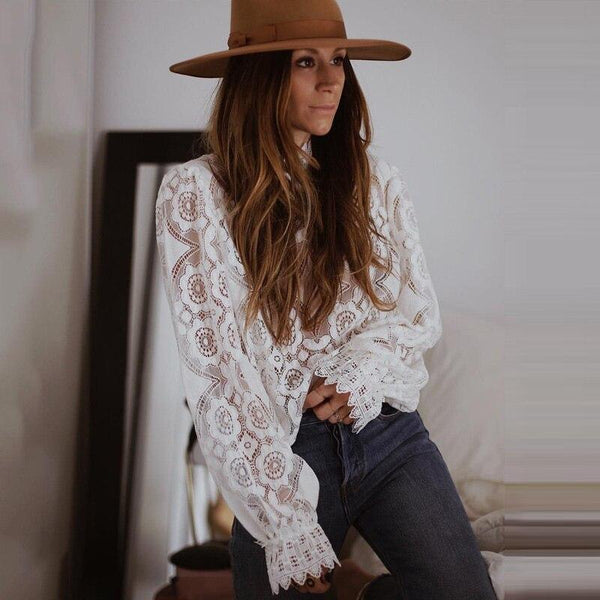 Off Shoulder Long Sleeve Hollow Lace Loose Top - ChicBohoStyle