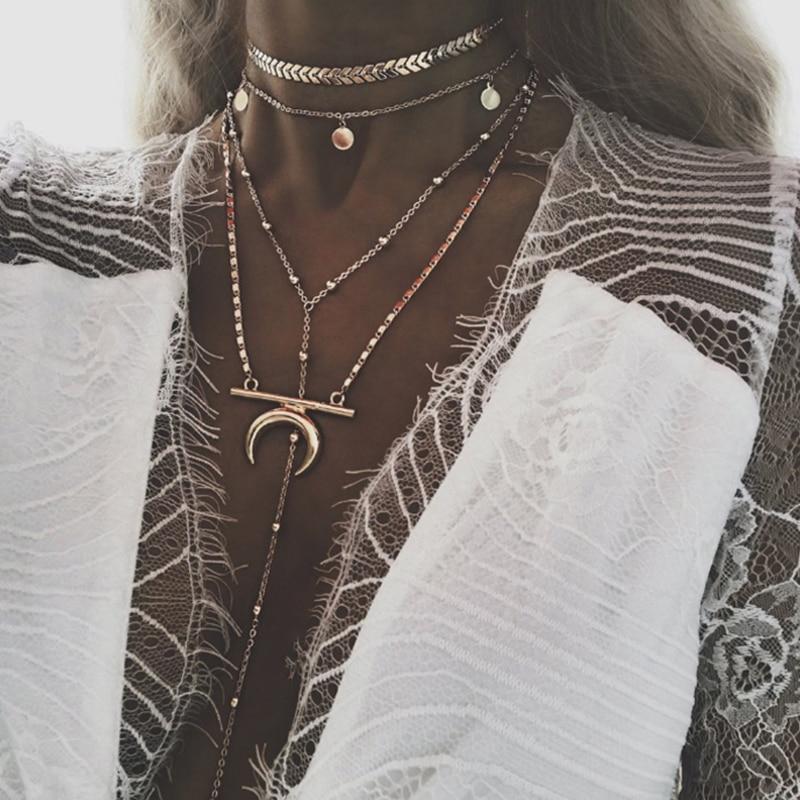 Moon Pendant Multi-Layer Long Necklace-ChicBohoStyle