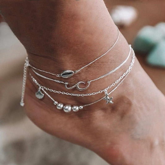 Multi-Layer Beach Shells Starfish Wave Beads Chain Anklet Set 4 Pcs-ChicBohoStyle