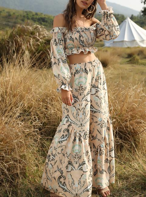 Off Shoulder Crop Top and Wide Leg Pants Boho Suits - ChicBohoStyle – Chic  Boho Style