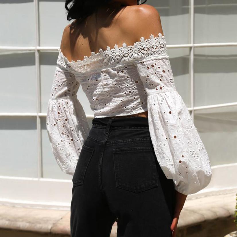 Off Shoulder Long Sleeve Hollow Lace Loose Top-ChicBohoStyle