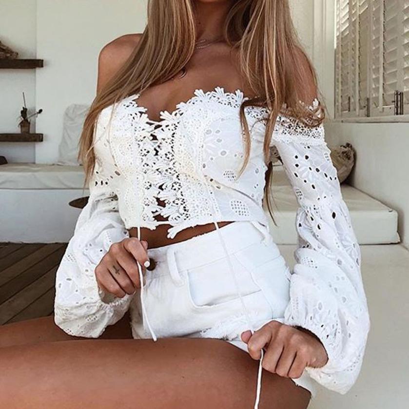 Off Shoulder Long Sleeve Hollow Lace Loose Top-ChicBohoStyle