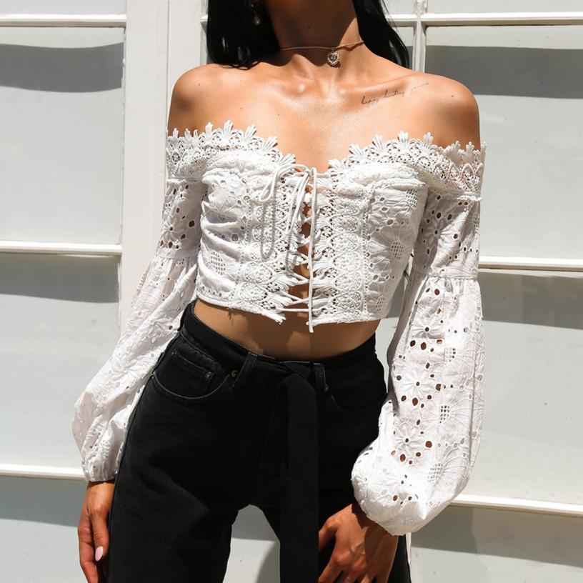 White lace crop shop top off shoulder