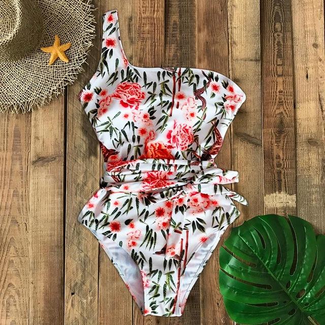 One Shoulder Floral One Piece Swimsuit-ChicBohoStyle