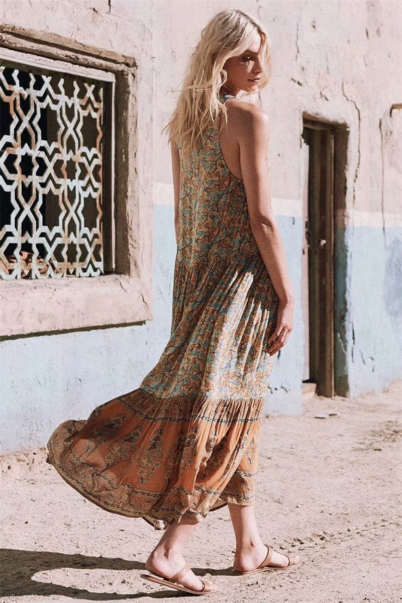 Orange Elephant Floral Print Sleeveless Maxi Dress - ChicBohoStyle – Chic  Boho Style