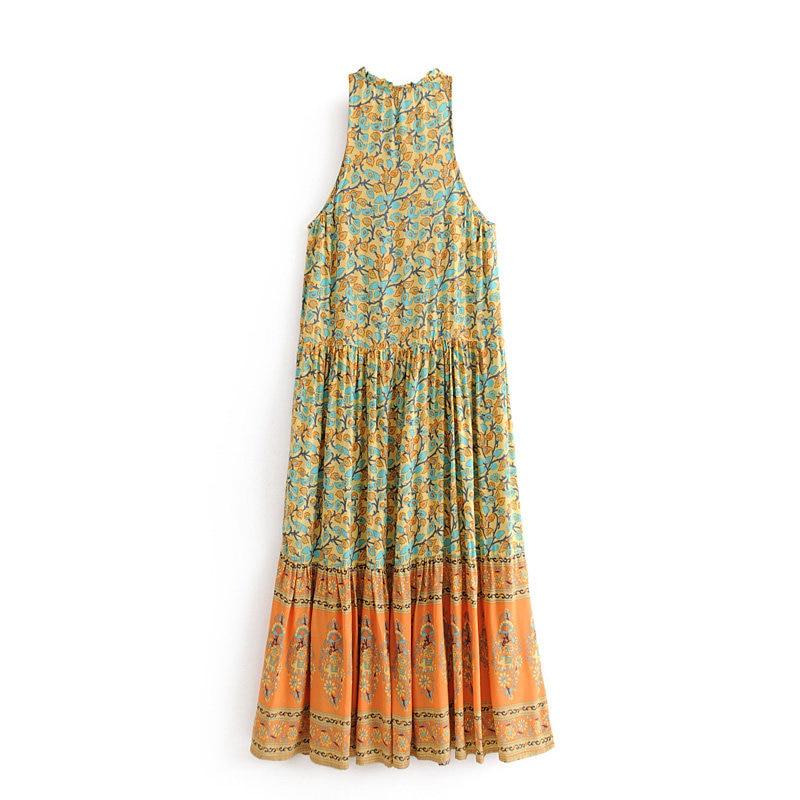 Orange Elephant Floral Print Sleeveless Maxi Dress-ChicBohoStyle