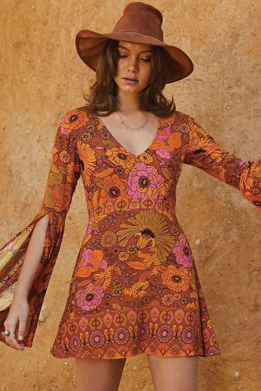 Orange Floral Print Slit Sleeve Boho Dress-ChicBohoStyle