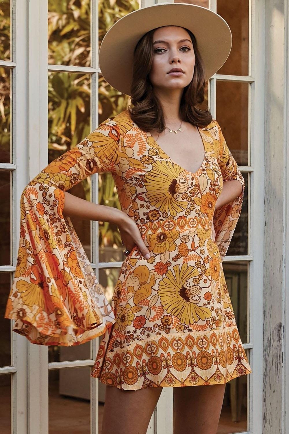 Orange Floral Print Slit Sleeve Boho Dress - ChicBohoStyle – Chic Boho Style