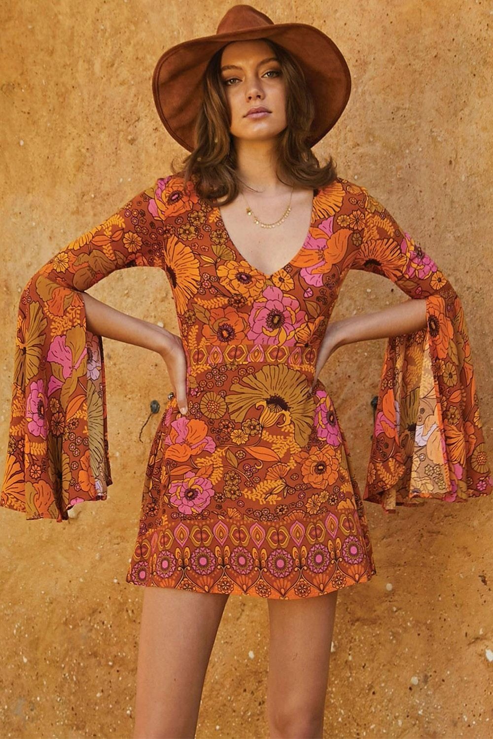 Orange Floral Print Slit Sleeve Boho Dress-ChicBohoStyle