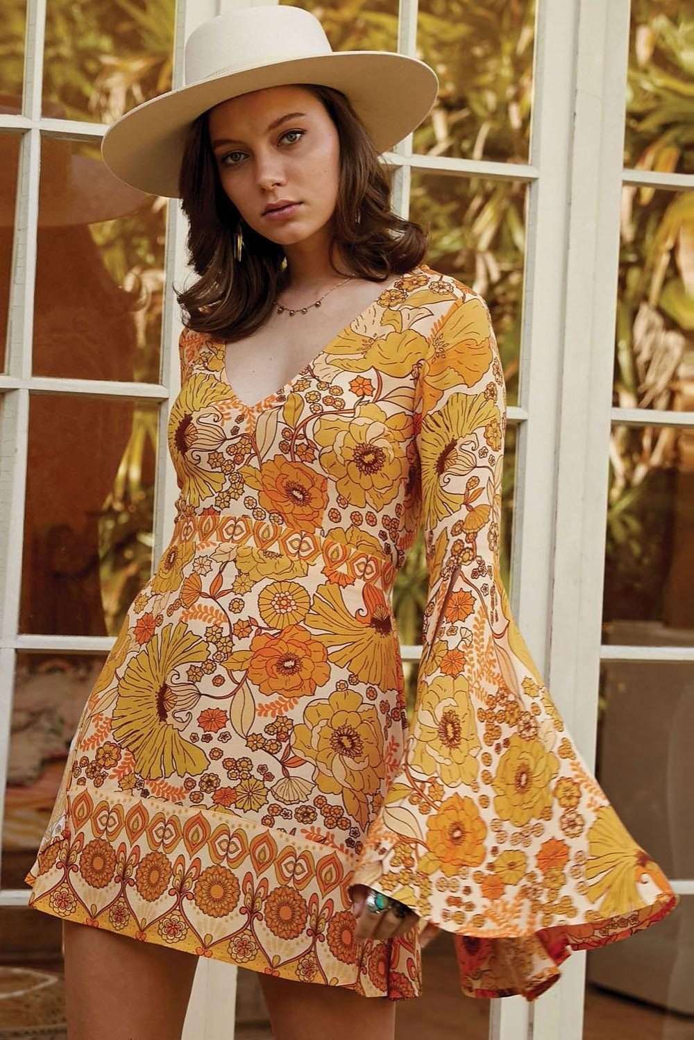 Orange Floral Print Slit Sleeve Boho Dress - ChicBohoStyle – Chic