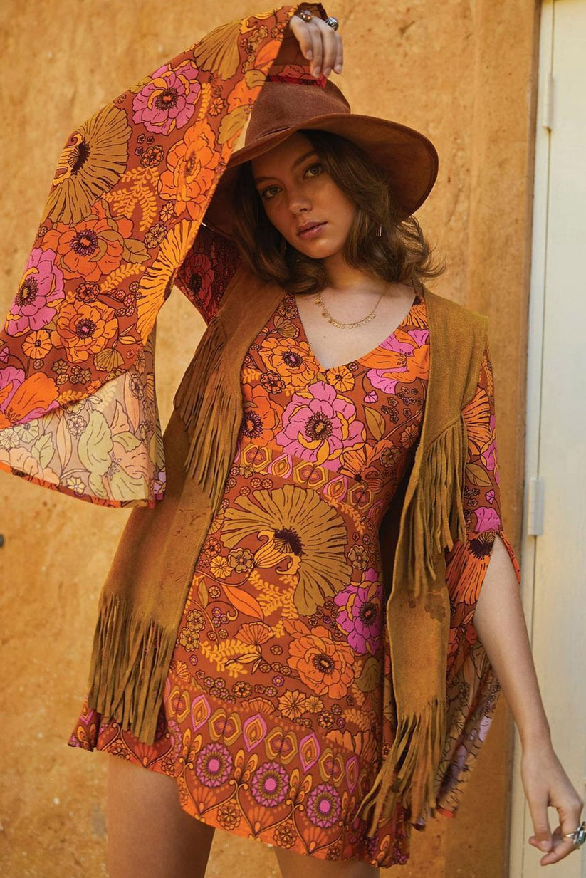 Orange Floral Print Slit Sleeve Boho Dress - ChicBohoStyle – Chic Boho ...