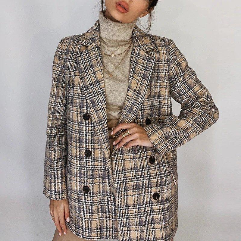 Oversized Plaid Blazer Coat for Women-ChicBohoStyle