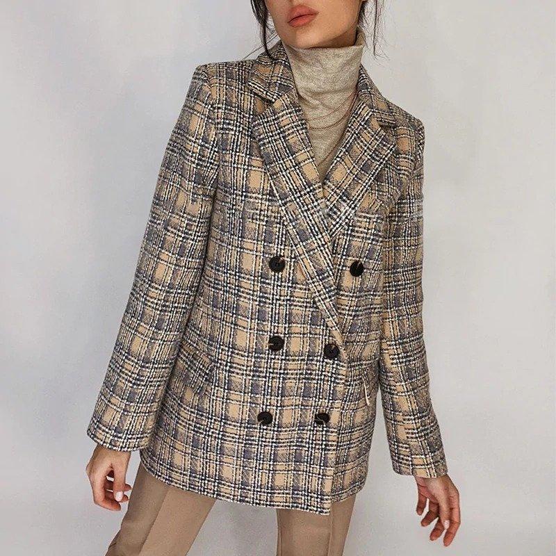 Oversized Plaid Blazer Coat for Women-ChicBohoStyle