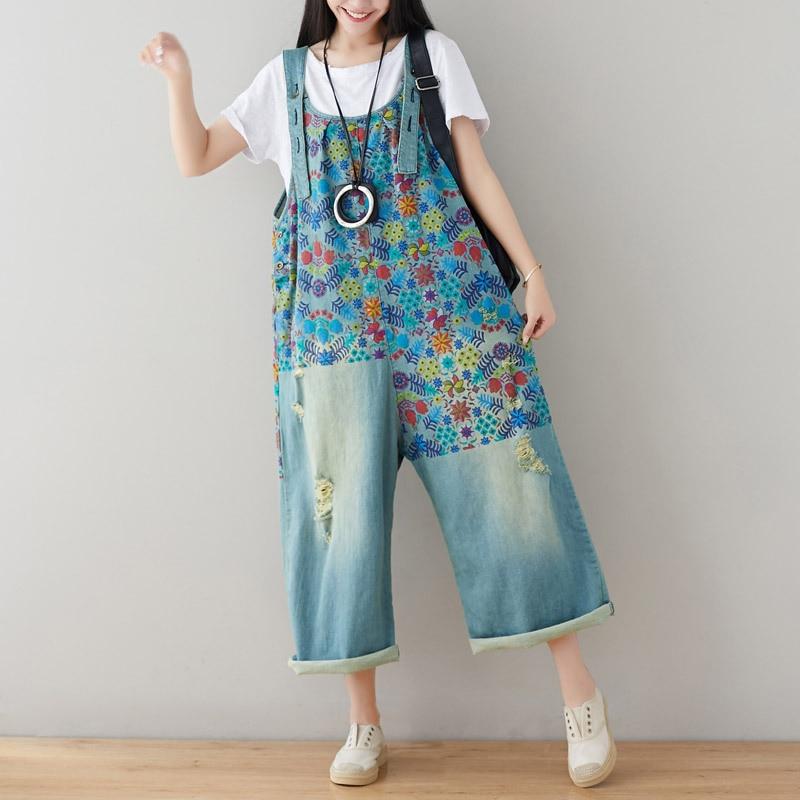 Oversized Wide Leg Flower Printed Holes Ripped Jean Jumpsuit - – Chic Boho  Style