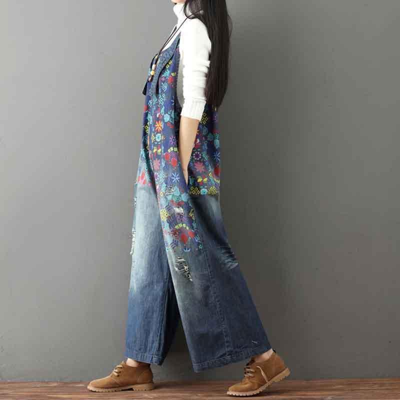 Oversized Wide Leg Flower Printed Holes Ripped Jean Jumpsuit-ChicBohoStyle