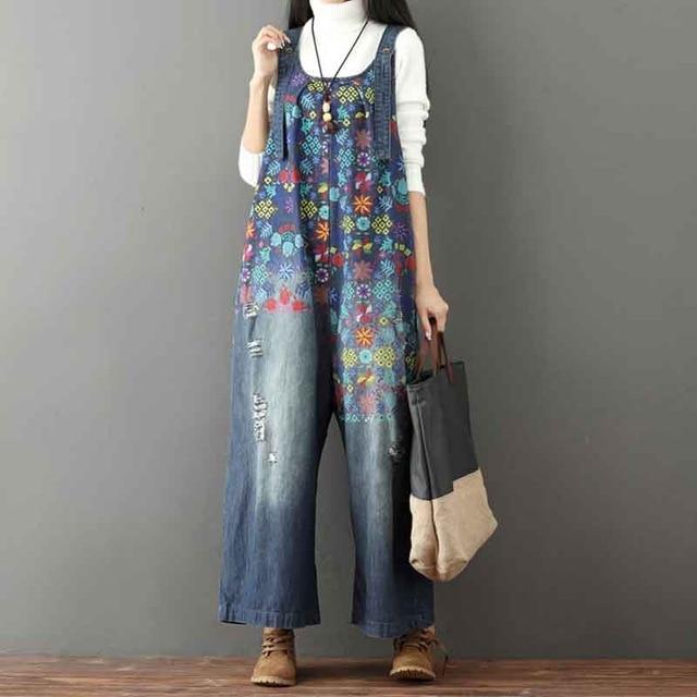 Oversized Wide Leg Flower Printed Holes Ripped Jean Jumpsuit-ChicBohoStyle