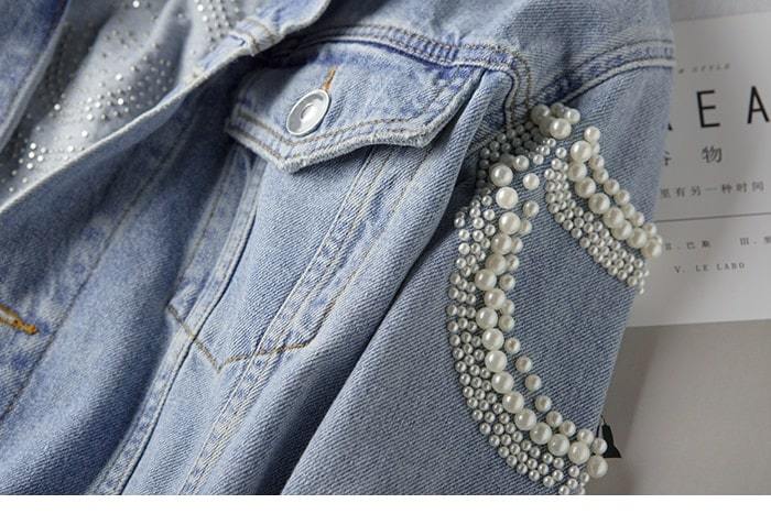 Pearls Embellished Denim Jacket for Women-ChicBohoStyle