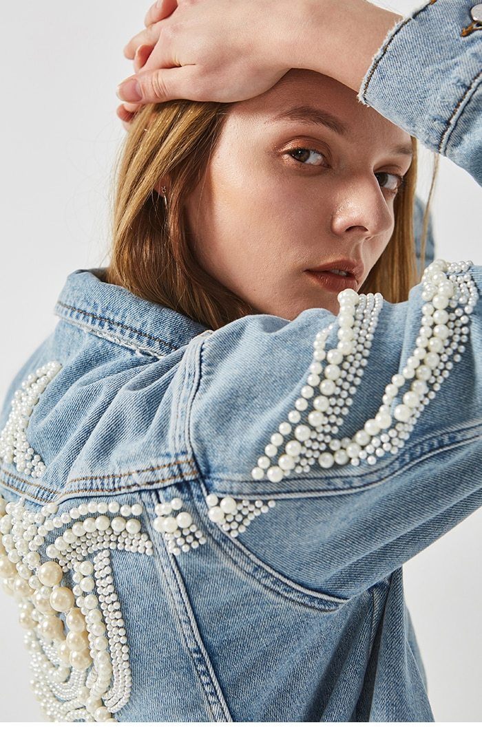 Pearls Embellished Denim Jacket for Women-ChicBohoStyle