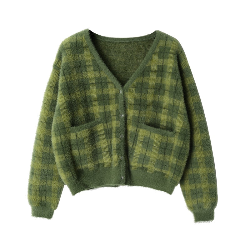 Preppy Style Soft Plaid Cropped Cardigan Sweater