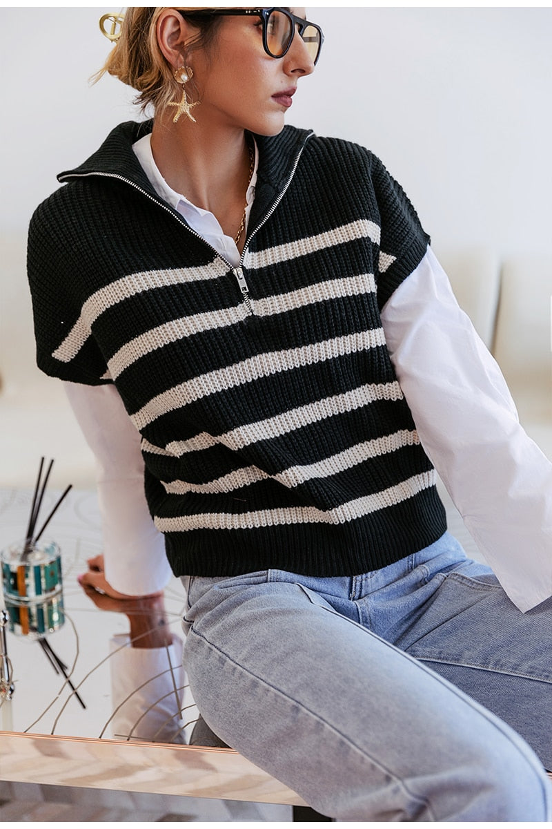Preppy Style Striped Polo Loose Vest Sweater