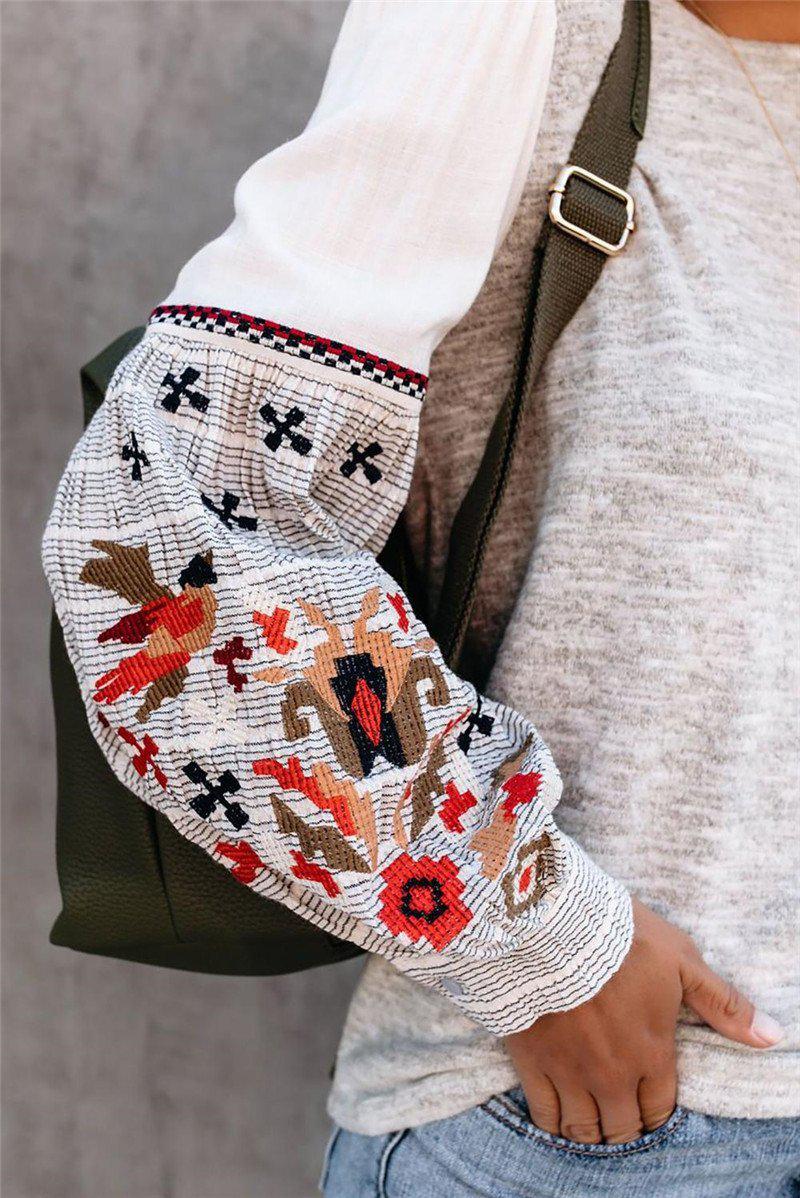 Printed Sleeve Patchwork Top Boho Blouse-ChicBohoStyle