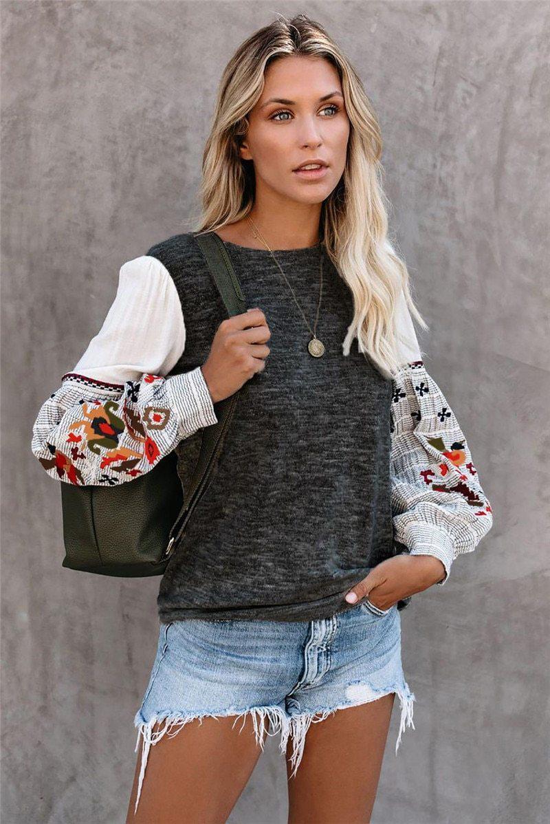 Printed Sleeve Patchwork Top Boho Blouse-ChicBohoStyle