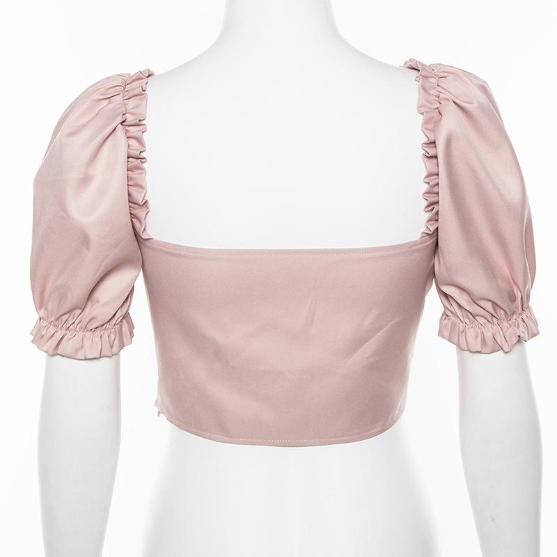 Puff Sleeve Pink Sexy Crop Top-ChicBohoStyle