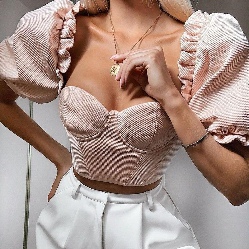 Puff Sleeve Pink Sexy Crop Top-ChicBohoStyle