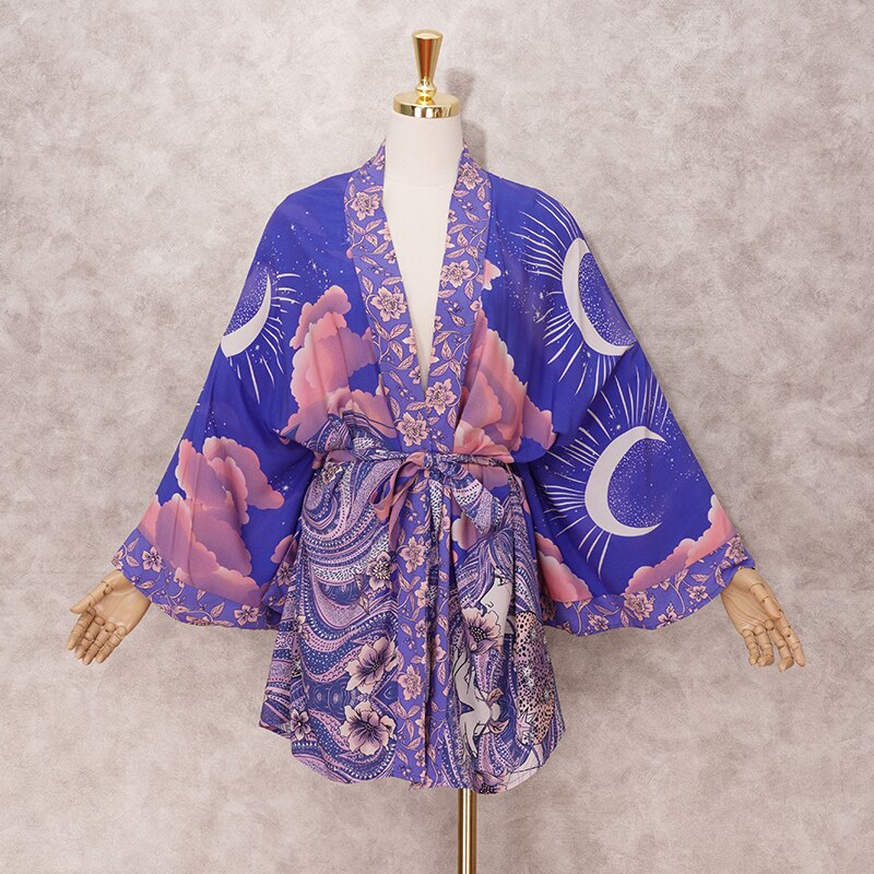 Purple Boho Sacred Moon Belted Kimono