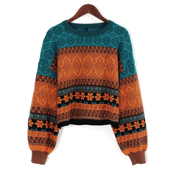 Retro Chic Oversized Knitted Crop Sweater – Chic Boho Style