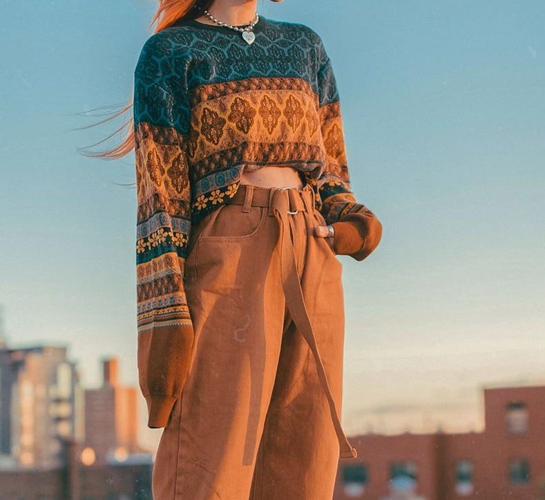 Retro Chic Oversized Knitted Crop Sweater
