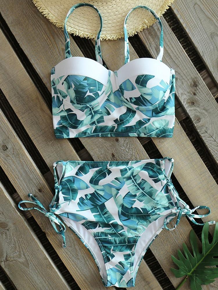 Retro Leaf Print High Waist Bikini Sets-ChicBohoStyle