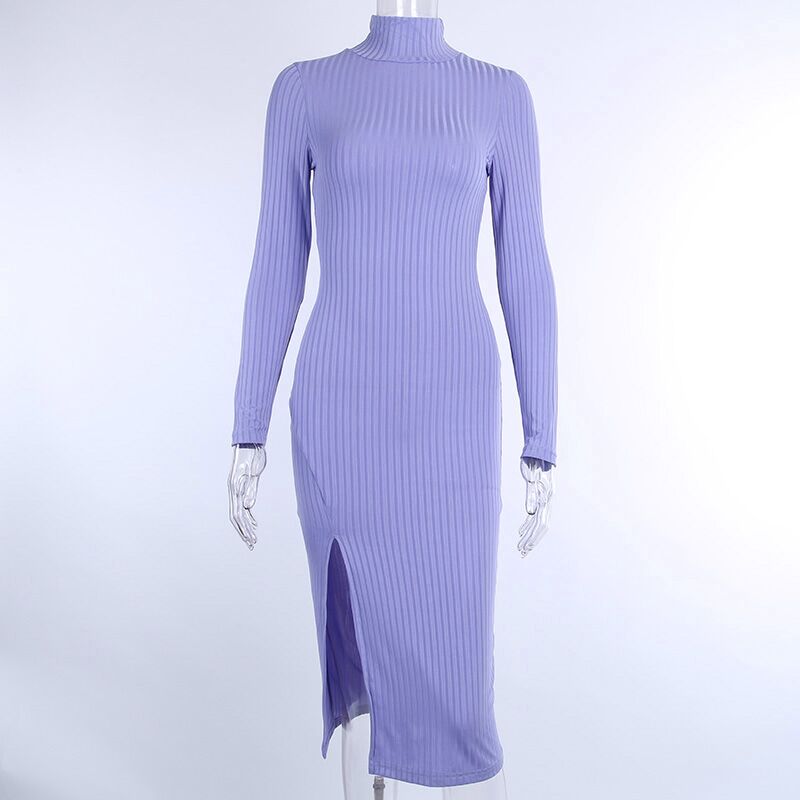 Ribbed Knitted Turtleneck Long Sleeve Dress