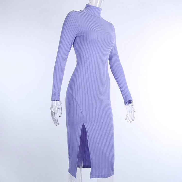 Ribbed Knitted Turtleneck Long Sleeve Dress