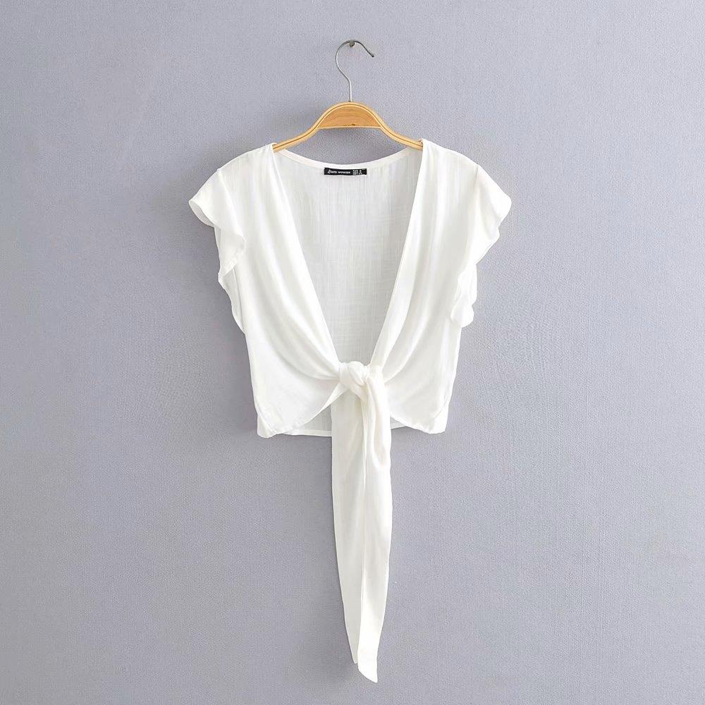 Ruffle Sleeve Bow Tie Crop Top-ChicBohoStyle